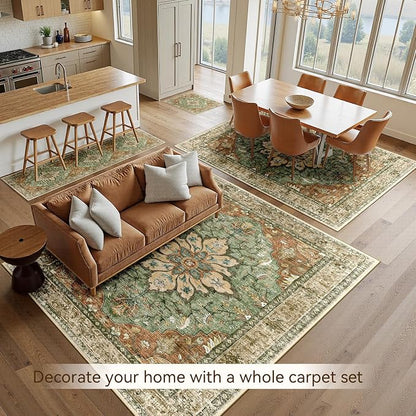 RELEANY Area Rugs Large 10'x12' Washable Non-Slip, Floral Vintage Distress Medallion Carpet for Living Room Bedroom Dining Room, Terracotta Burnt Orange Green