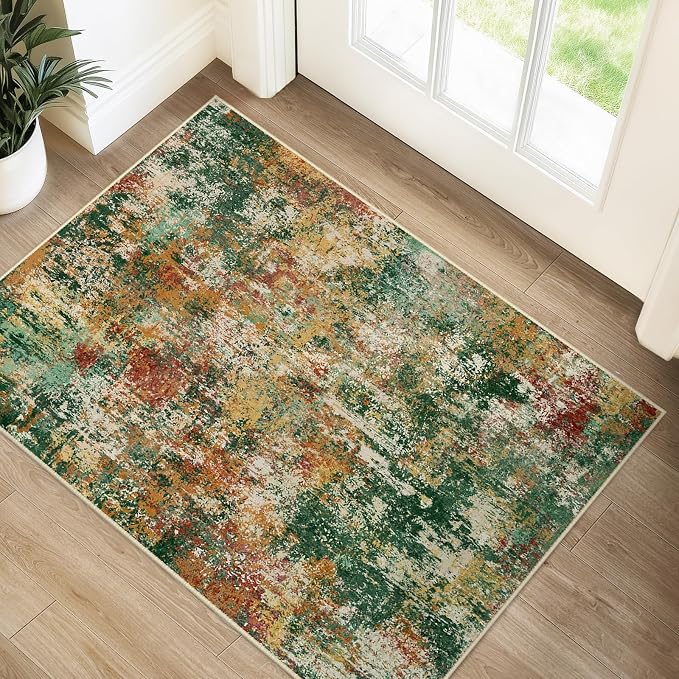 RELEANY Washable Area Rugs 2'x3' Non-Slip Modern Abstract Soft for Living Room Entryway Bedroom Kitchen, Print Pattern, Green Orange Rust Red Cream Colorful