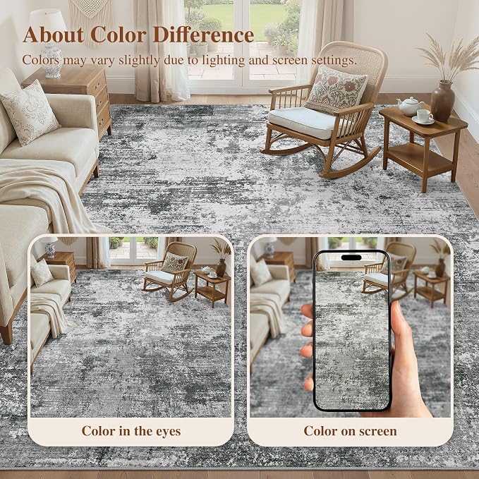 UERMEI 6x9 Area Rug for Living Room - Washable Neutral Modern Abstract Carpet, Non-Slip Soft Large Indoor Floor Rugs for Bedroom Home Office & Under Dining Table Decor, Grey Black