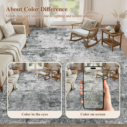 UERMEI 8x10 Area Rug for Living Room - Washable Neutral Modern Abstract Carpet, Non-Slip Soft Large Indoor Floor Rugs for Bedroom Home Office & Under Dining Table Decor, Grey Black