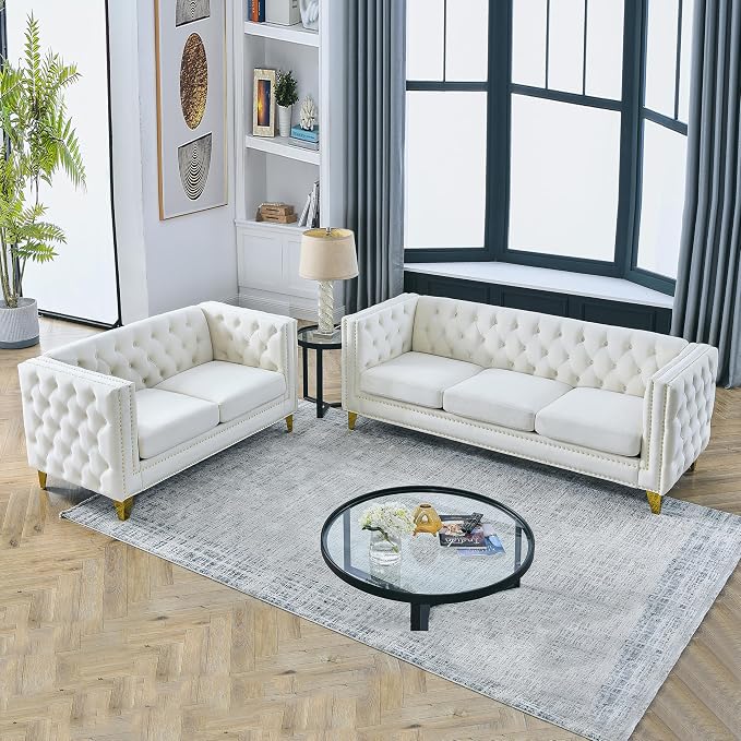 mikibama 2PC Velvet Sofa Couch Set for Living Room,Button Tufted 3 Seater Sofa and 2 Seater Loveseat Couch,Modern Upholstered Sofas with Nailhead Trims,Golden Metal Legs for Bedroom