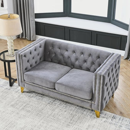 mikibama 58" Velvet Loveseat Sofa Couch for Living Room,Button Tufted 2 Seater Couches with Nailhead Trims,Modern Upholstered 2-seat Sofas with Golden Metal Legs for Bedrooom,Office
