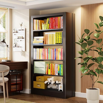 5-Tier Bookcase with Adjustable Storage Shelves, Heavy Duty Bookcase, Metal Bookshelf with Book Stopper, Black Bookcase Shelf for Library, Office, Living Room