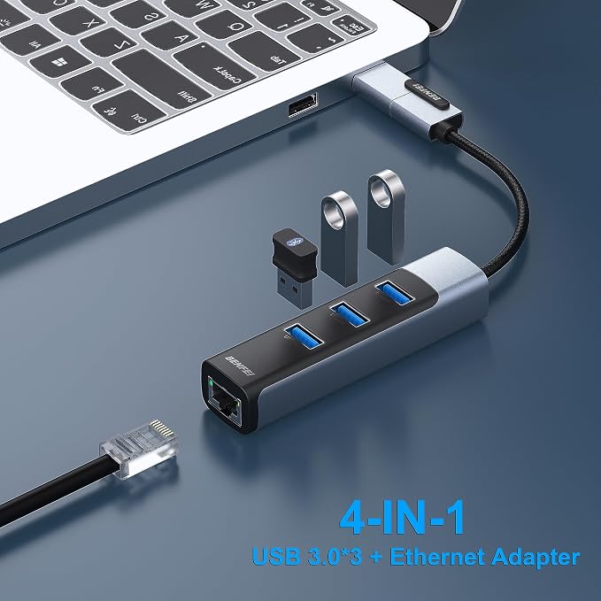 BENFEI 4in1 USB-C/USB 3.0 to Ethernet Adapter with 3*USB 3.0 Ports Compatible for iPhone 15 Series, MacBook Pro/Air 2023/2022/2021/2020/2019 and More