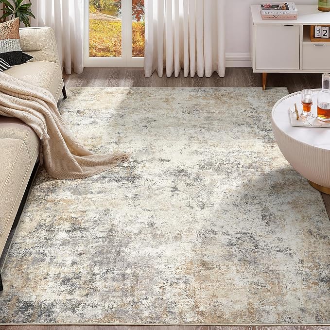 UERMEI 6x9 Washable Area Rug - Neutral Modern Abstract Living Room Rugs, Non-Slip Soft Large Indoor Floor Carpet for Bedroom Home Office & Under Dining Table Decor, Golden Grey