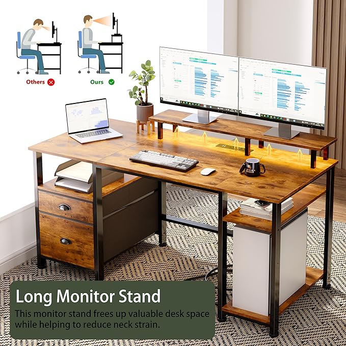 Furologee 51" Computer Desk with Power Outlet and LED Lights, Reversible Home Office Desk with File Cabinet & Monitor Stand, Large Gaming Table with Storage Shelves & Drawer, Rustic Brown