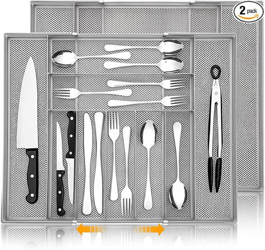2 Pcs Utensil Drawer Silverware Organizer, Metal Mesh Expandable 13" ~24" Kitchen Drawer Organizer, 7-9 Slots Cutlery Tray Dividers for Kitchen Flatware Christmas Housewarming Gift (Sliver)