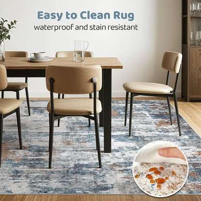 5x7 Area Rugs Living Room: Washable Large Abstract Neutral Modern Soft Rug Stain Resistant Indoor Floor Non-Slip Accent Carpet for Bedroom Nursery Playroom Dining Room Office Dorm Home- Rust Cyan