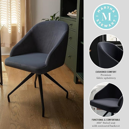 Martha Stewart Sora Stationary Swivel Task Chair with Sloped Arms for Home Office in Gray Velvet with Oil Rubbed Bronze Frame