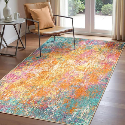 RELEANY Washable Area Rugs 4'x6' Non-Slip Modern Abstract Soft for Living Room Entryway Bedroom Kitchen, Print Pattern, Orange Blue Pink Yellow Colorful