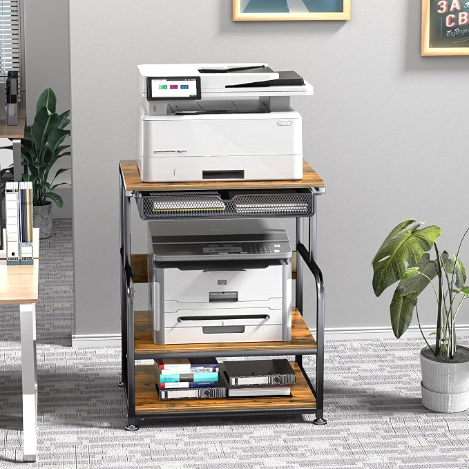 Large Printer Stand with Storage Shelf, 23.6''x18.9'' Rolling Printer Cart Holder with Lockable Wheels, 5-Adjustable Heights, 3D Scanner Fax Printer Table for Home Office Use, Large