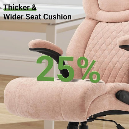 Office Chair, Big and Tall Executive Chairs with Lumbar Support for Back Pain, Breathable Fabric Desk Computer Chair with Adjustable Flip-up Armrests,Wide Cushion Swivel Home Office Chair Black,Pink