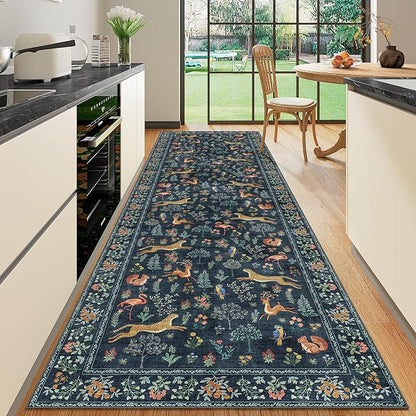 DUKINO 3x10 Washable Runner Rug for Hallway, Lightweight Long Kitchen Rug with Low Pile Design, Vintage Animal Non Shedding Thin Indoor Carpet for Entryway, Bathroom, Bedroom, Laundry Room, Navy Blue