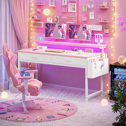 DurayLoly 31Inch Small Computer Desk with LED Lights & 2 Fabric Drawers, Gaming Desk with Side Pocket & Ergonomic Monitor Stand, Small Space Study Writing Table with Anti-Tip Design,Pink