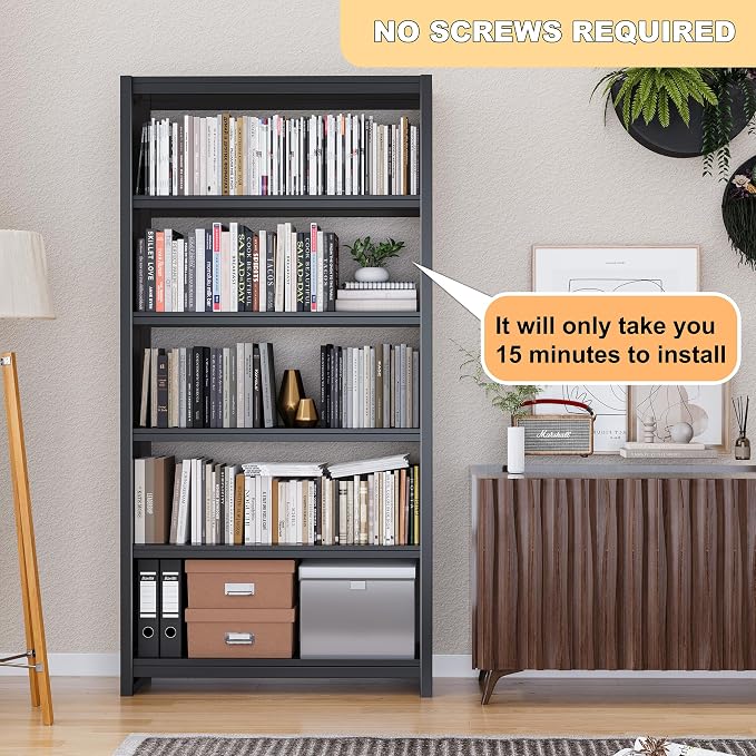 OSEILLC 69" Metal Bookshelf,5 Tier Library Bookcase,Bedroom Bookshelves and Bookcases,Tall Book Case/Shelves for Living Room,Office,Black Large Bearing Book Shelf