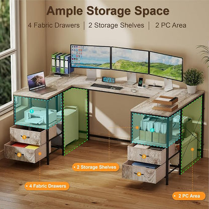 YOSHOOT 67" U Shaped Computer Desk, Reversible L Shaped Gaming Desk | Corner Desk with Power Outlets, 4 Drawers, 2 Storage Shelf, Computer Table with 4 Installation Methods, Grey