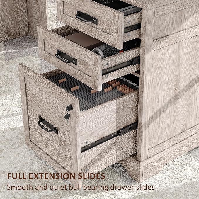 Whalefall 67'' Farmhouse L-Shaped Desk with Drawers for Home Office, Gray | Computer Corner Desk with File Cabinet and Charging Station, Large Executive L Desk with Locking Drawers Storage