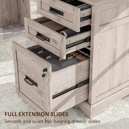 Whalefall 67'' Farmhouse L-Shaped Desk with Drawers for Home Office, Gray | Computer Corner Desk with File Cabinet and Charging Station, Large Executive L Desk with Locking Drawers Storage