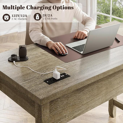 EnHomee Small Desk for Bedroom, Computer Desk with Power Outlets for Home Office, Desks with Drawers and a Side Pocket,Vanity Desks for Bedroom, Dark Rustic Oak