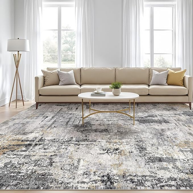 10x12 Area Rug Living Room: Washable Large Abstract Soft Stain Resistant Indoor Floor Rugs Non-Slip Accent Carpet for Bedroom Nursery Playroom Office Dining Room Home House- Gray Beige