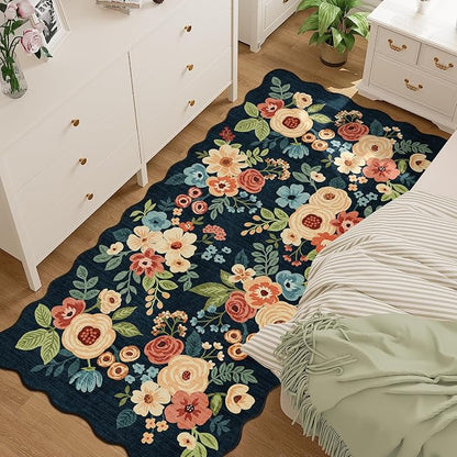 DUKINO 3x6 Washable Runner Rug, Soft Indoor Floral Non Slip Runner Rug for Hallways, Lightweight & Low Pile Floor Carpet for Kitchen, Entryway, Hallway, Bathroom, Laundry, Bedroom, Navy Blue