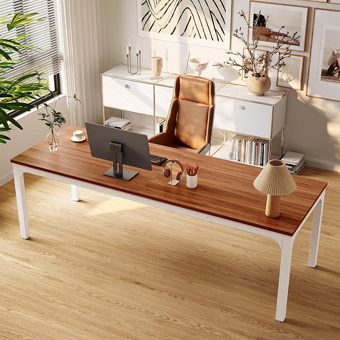 LITTLE TREE 78.7-Inch Ultra Long Double Desk, Writing Gaming Work Computer Two-Person Desk for Home Office, Walnut + White