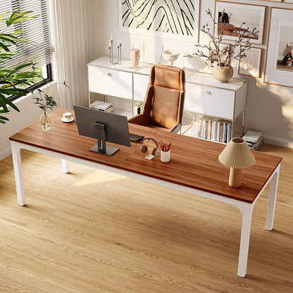 LITTLE TREE 78.7-Inch Ultra Long Double Desk, Writing Gaming Work Computer Two-Person Desk for Home Office, Walnut + White