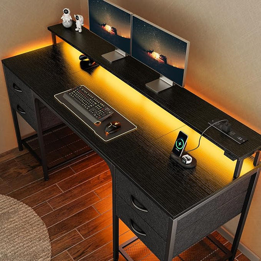 Huuger 63 inch Computer Desk with 4 Drawers, Gaming Desk with LED Lights & Power Outlets, Home Office Desk with Large Storage Space for Bedroom, Work from Home, Black
