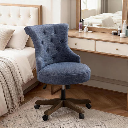 HUIMO Home Office Chair Upholstered Armless Desk Chair with Wheels Adjustable Height Computer Desk Chair with Wooden Legs Linen Comfortable Swivel for Farmhouse Study Studio (Blue)