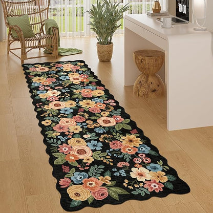 DUKINO 2x6 Runner Rug for Hallway, Washable Kitchen Rug with Non Slip Backing & Non-Shediing, Soft Low Pile Floral Design Runner for Bedroom, Kithchen, Living Room, Laundry, Bathroom, Black