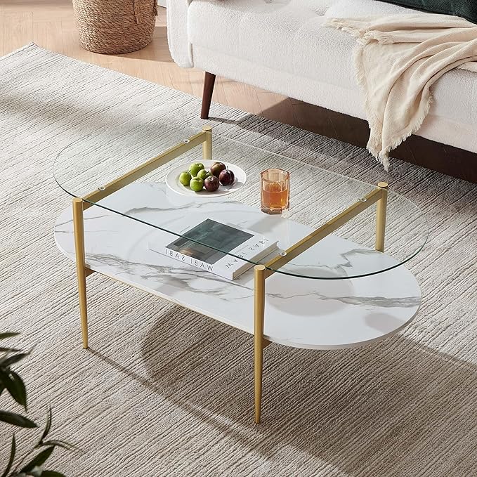 LumFurn Oval Coffee Table, Mid-Century Modern Design, L41 x W21 x H17 inch, for Living Room, Clear Glass Top, White Marble Finish Wood Shelf & Gold Finish Frame