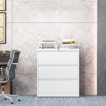 3 Drawer Lateral File Cabinet with Lock, Metal File Cabinet, Lateral File Cabinets for Home Office, Heavy Duty File Storage Cabinet for Legal/Letter/A4 Document, Assembly Required, White