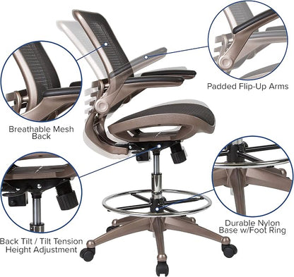 Flash Furniture Waylon Mid-Back Swivel Office Chair with Adjustable Foot Ring and Seat Height, Ergonomic Mesh Chair with Armrests, Black/Gold