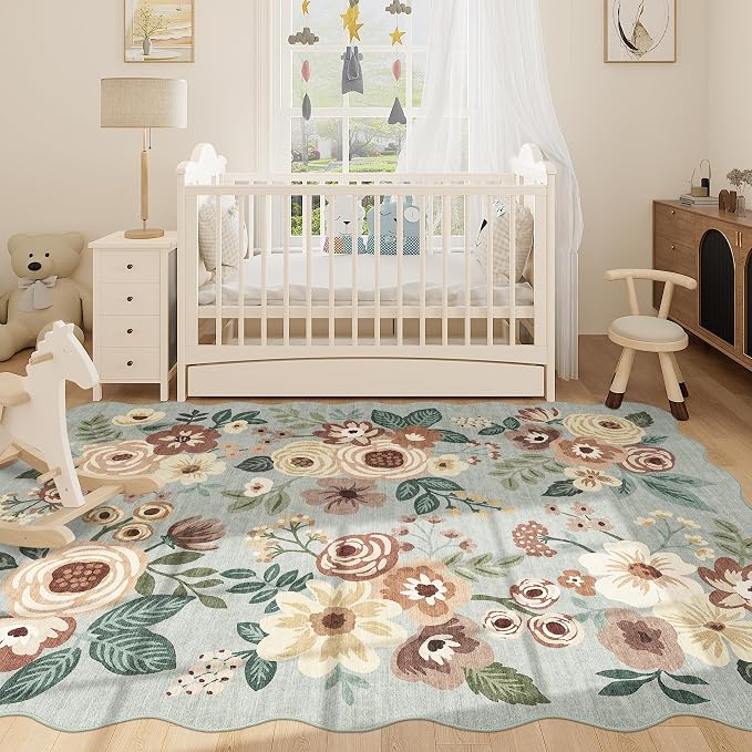 DUKINO 5x7 Area Rug, Floral Washable Rugs for Living Room with Non Slip Backing & Non-Shedding, Lightwight Low Pile Boho Design Large Carpets for Bedroom, Living Room, Dining Room, Sage Green