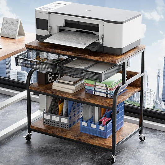 EasyCom 32.3"x18.9" Extra Large Printer Stand with Double Drawers, 5-Adjustable Heights 3 Tier Table with Wheels, Rolling Printer Cart with Storage for Printer Scanner Fax Home Office Use