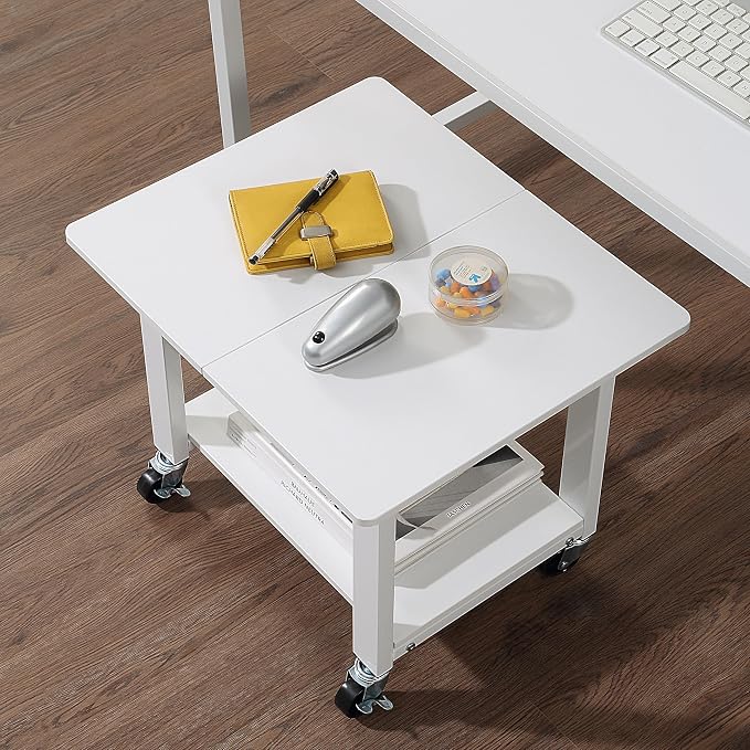 SunnyPoint 2-Tier Mobile Stand with Lockable Wheels — Printer Cart, Mini Fridge Stand, Portable Electronic Device & Projector Holder | Under Desk Storage Shelf for Home & Office, 18.9" x 15.75" (WHT)