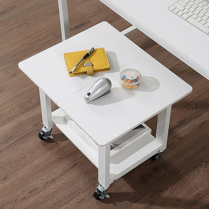 SunnyPoint 2-Tier Mobile Stand with Lockable Wheels — Printer Cart, Mini Fridge Stand, Portable Electronic Device & Projector Holder | Under Desk Storage Shelf for Home & Office, 18.9" x 15.75" (WHT)