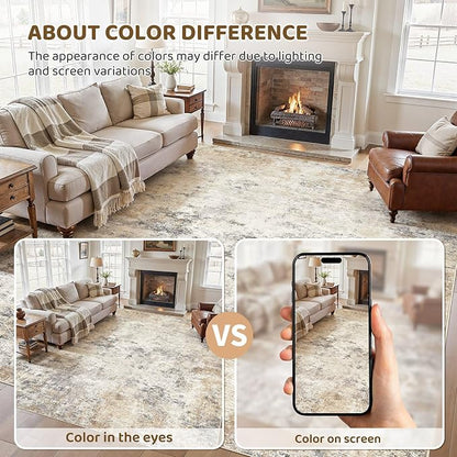 UERMEI 10x14 Washable Area Rug - Neutral Modern Abstract Living Room Rugs, Non-Slip Soft Large Indoor Floor Carpet for Bedroom Home Office & Under Dining Table Decor, Golden Grey