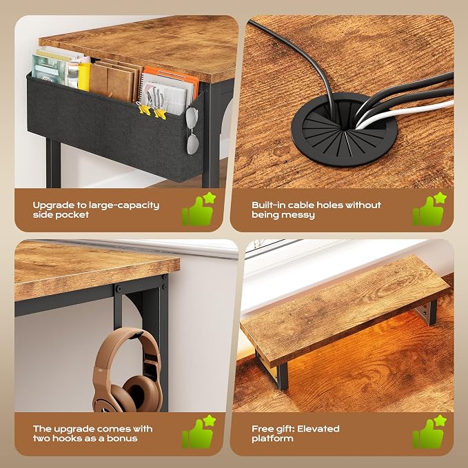DurayLoly 47 x 24 inch Desk, 24mm Thick Heavy Duty Computer Desk with RGB LED & Power Outlets, Detachable Stand, Hooks & Storage Bag, 110LBS Capacity, Home Office Gaming Desk, Brown