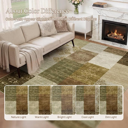 UERMEI 9x12 Area Rug for Living Room - Washable Neutral Modern Abstract Carpet, Non-Slip Soft Large Indoor Floor Rugs for Bedroom Home Office & Under Dining Table Decor, Brown/Green