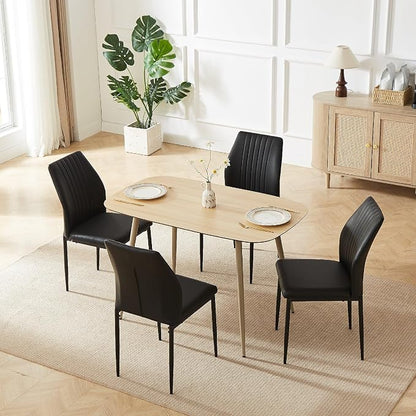 HIPIHOM 47.2'' Modern Solid Wood Dining Table Set for 4 with Scratch-Resistant Surface & 4 Black Leather Chairs - Cat-Friendly Kitchen Dining Room Furniture Set