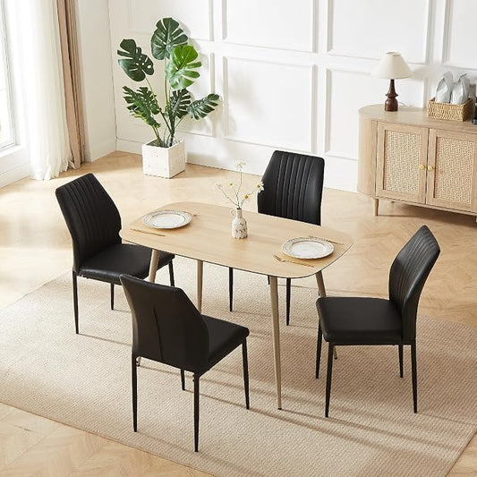 HIPIHOM 47.2'' Modern Solid Wood Dining Table Set for 4 with Scratch-Resistant Surface & 4 Black Leather Chairs - Cat-Friendly Kitchen Dining Room Furniture Set