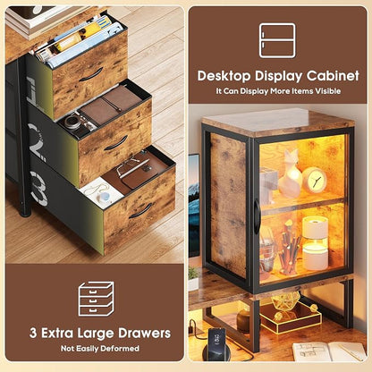 DurayLoly Computer Desk, 55" Desk with Cabinet to Display & RGB Light, Home Office Desks with 3 Drawers for Small Space, 2 AC Power Outlets and 2 Ports, Monitor Stand for Student Bedroom, Brown