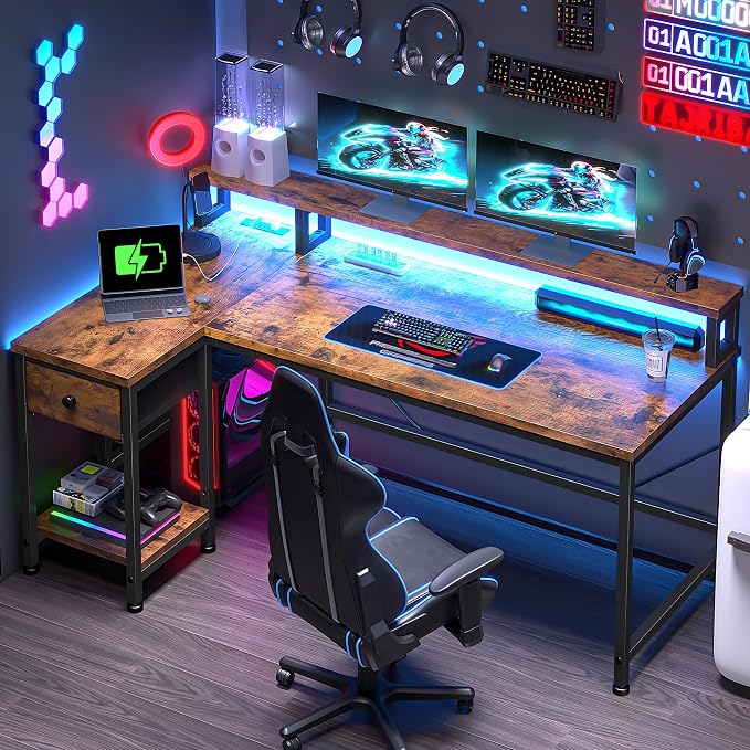 DurayLoly 40" L- Shaped Computer Desk with LED Lights & Power Outlet,Gaming Desk with Monitor Stand for Gamer,Home Office Desk with Drawer for Student Study Room,Bedroom,Small Working Room,Brown