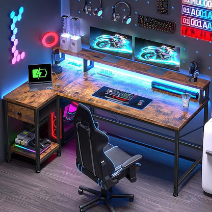 DurayLoly 40" L- Shaped Computer Desk with LED Lights & Power Outlet,Gaming Desk with Monitor Stand for Gamer,Home Office Desk with Drawer for Student Study Room,Bedroom,Small Working Room,Brown