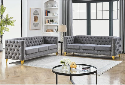 mikibama 2PC Velvet Sofa Couch Set for Living Room,Button Tufted 3 Seater Sofas Set of 2,Modern Upholstered 3-Seat Couches with Nailhead Trims,Golden Metal Legs for Bedroom