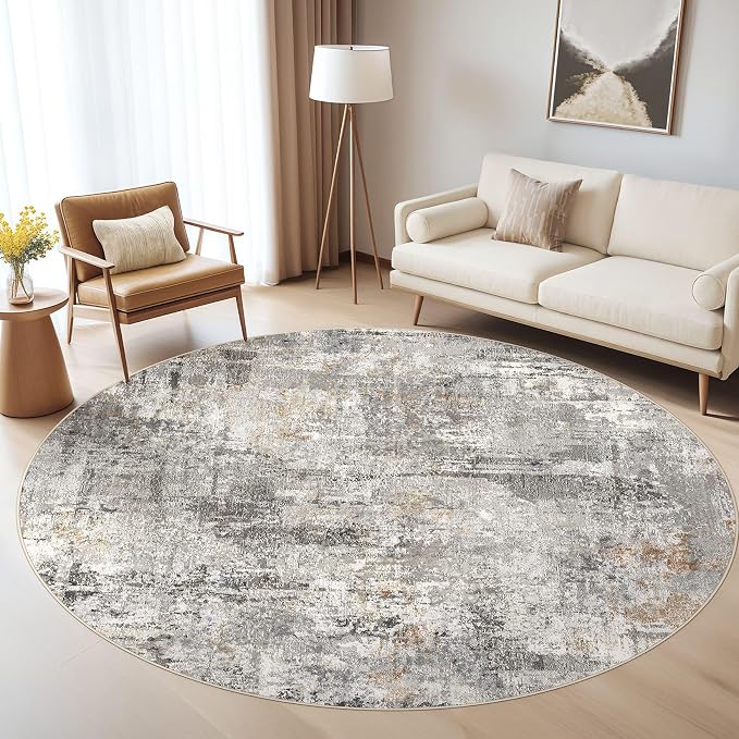 8ft Round Rug Living Room Rugs: 8x8 Washable Circle Large Abstract Modern Soft Stain Resistant Non-Slip Indoor Floor Carpet for Bedroom Nursery Office Dining Room Playroom Home House- Gray Rust