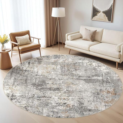 8ft Round Rug Living Room Rugs: 8x8 Washable Circle Large Abstract Modern Soft Stain Resistant Non-Slip Indoor Floor Carpet for Bedroom Nursery Office Dining Room Playroom Home House- Gray Rust