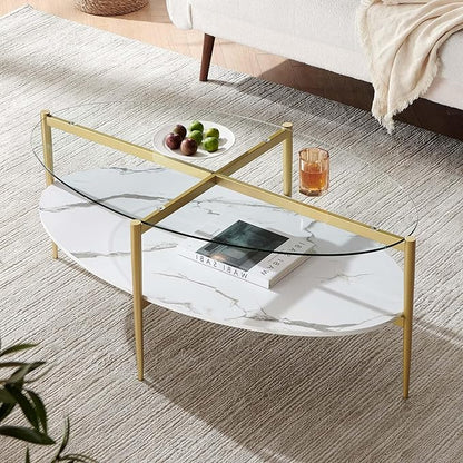 LumFurn Oval Glass Coffee Table, Mid-Century Modern Design, L43 x W22 x H17 inch, Surfboard Shaped Clear Glass Top and White Marble Finish Wood Shelf, Tapered Legs with Gold Finish Frame