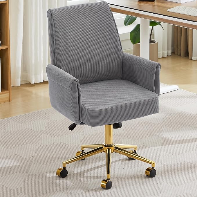 YITAI Stripes Velvet 360°Swivel Desk Chair, Modern Height Adjustable Home Office Armchair with Gold Base and Wheels for Vanity, Comfy Computer Chair for Study Living Room Bedroom（Gray）